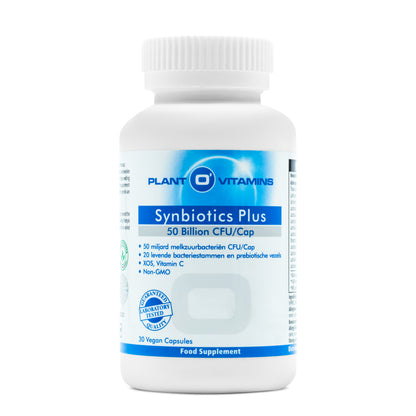 • Synbiotics Plus Plant O’Vitamins 30 capsules 50 miljard CFU
• probiotica en prebiotica capsules 20 bacteriestammen supplement
• Plant O’Vitamins synbiotica supplement vegan capsules
• hoge dosering probiotica 50 miljard CFU capsules verpakking
