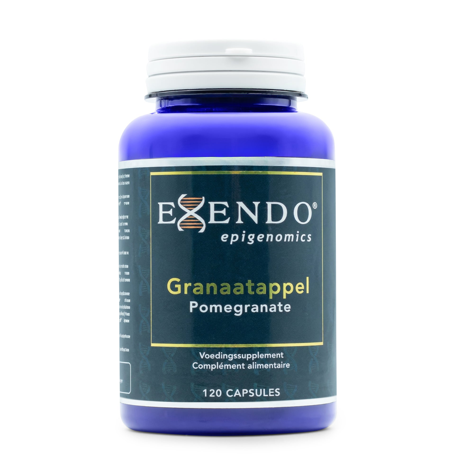 • Granaatappel Pomegranate Exendo Epigenomics capsules pot
• pomegranate extract granaatappel supplement capsules vegan
• punicalaginen granaatappel extract capsules Exendo verpakking
• Exendo granaatappel supplement plantaardige capsules pot