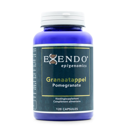 • Granaatappel Pomegranate Exendo Epigenomics capsules pot
• pomegranate extract granaatappel supplement capsules vegan
• punicalaginen granaatappel extract capsules Exendo verpakking
• Exendo granaatappel supplement plantaardige capsules pot