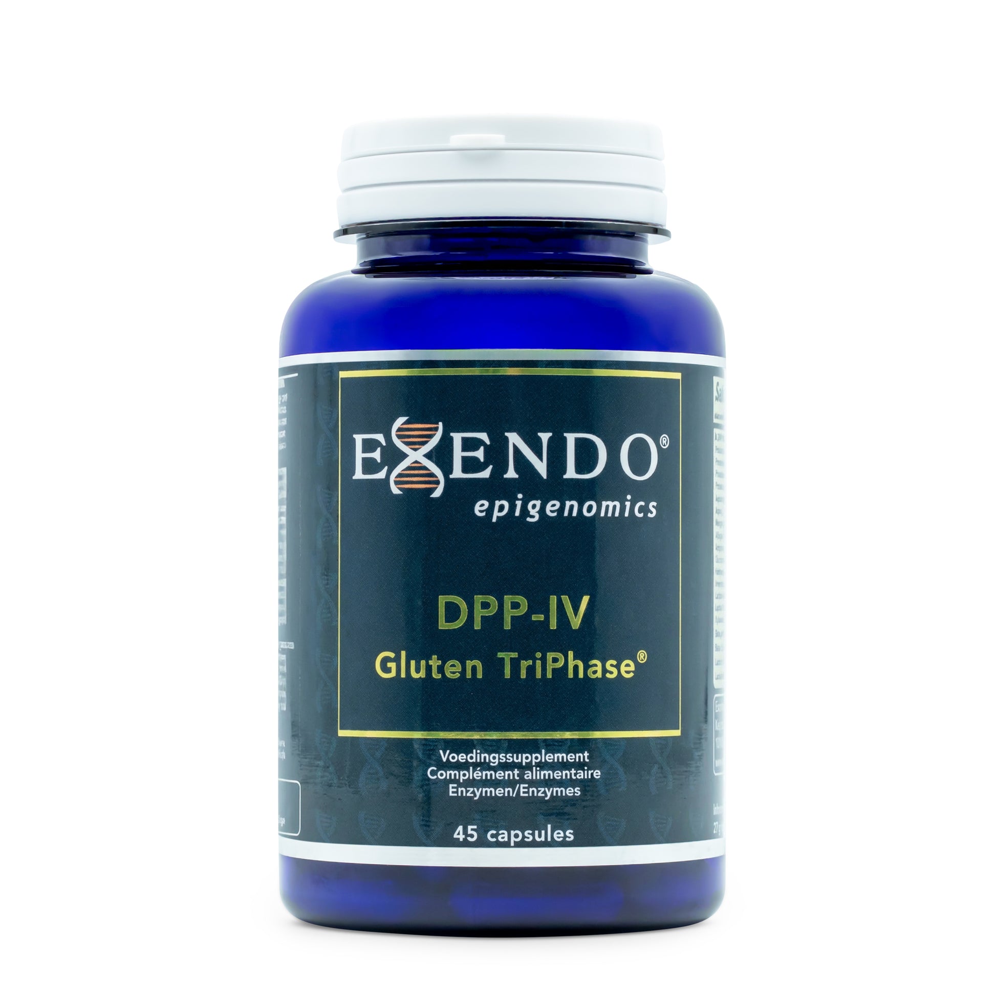 •	DPP-IV Gluten Tri-Phase Exendo Epigenomics capsule pot 
•	enzymen en probiotica supplement capsules Exendo Epigenomics 
•	DPP-IV enzym formule gluten capsules verpakking 
•	Lactobacillus rhamnosus GG probiotic enzym supplement pot