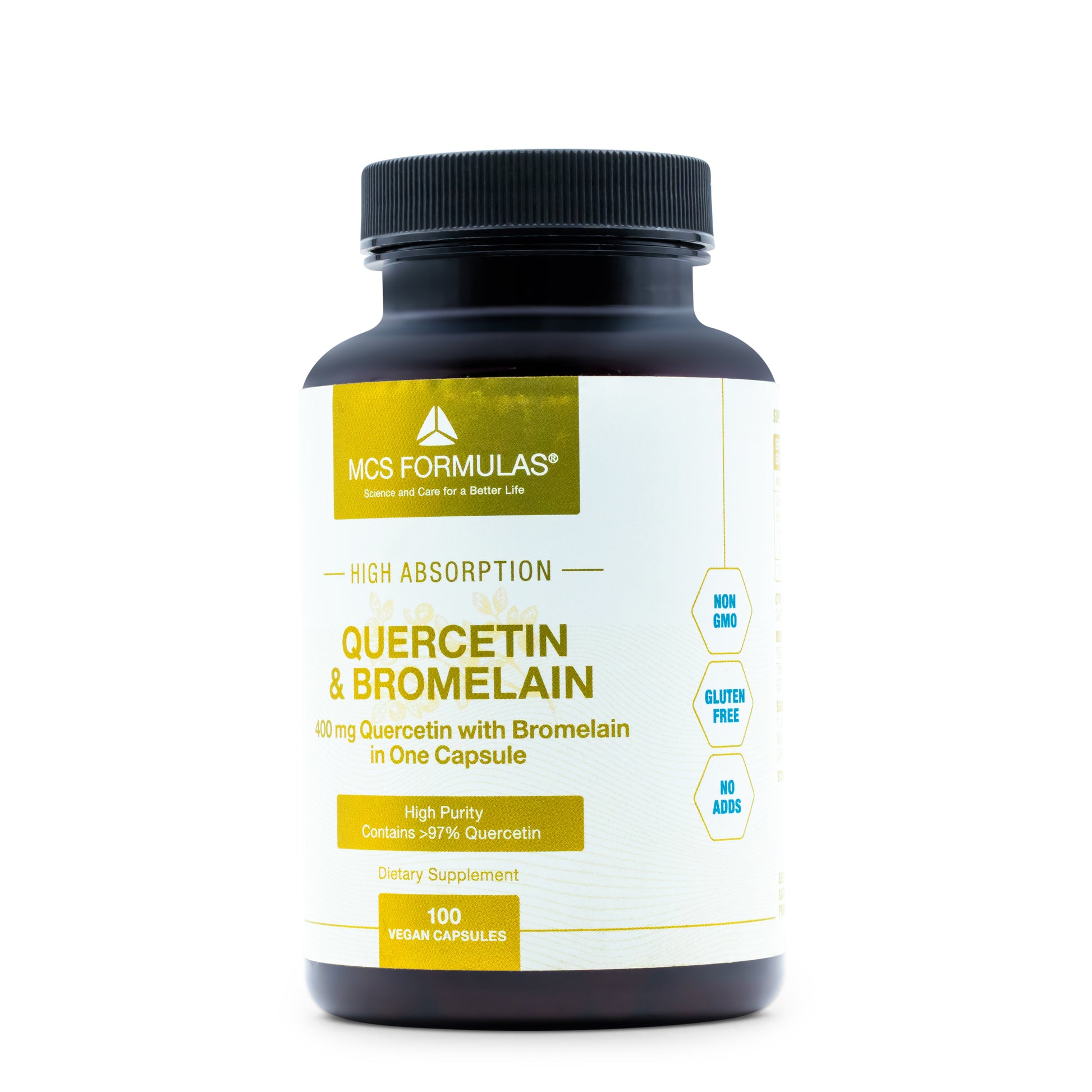 • Quercetine Bromelaïne MCS Formulas capsules pot 100 stuks
• quercetine supplement met bromelaïne vegan capsules
• quercetine dihydraat en ananas enzym supplement verpakking
• MCS Formulas quercetine bromelaïne capsules pot