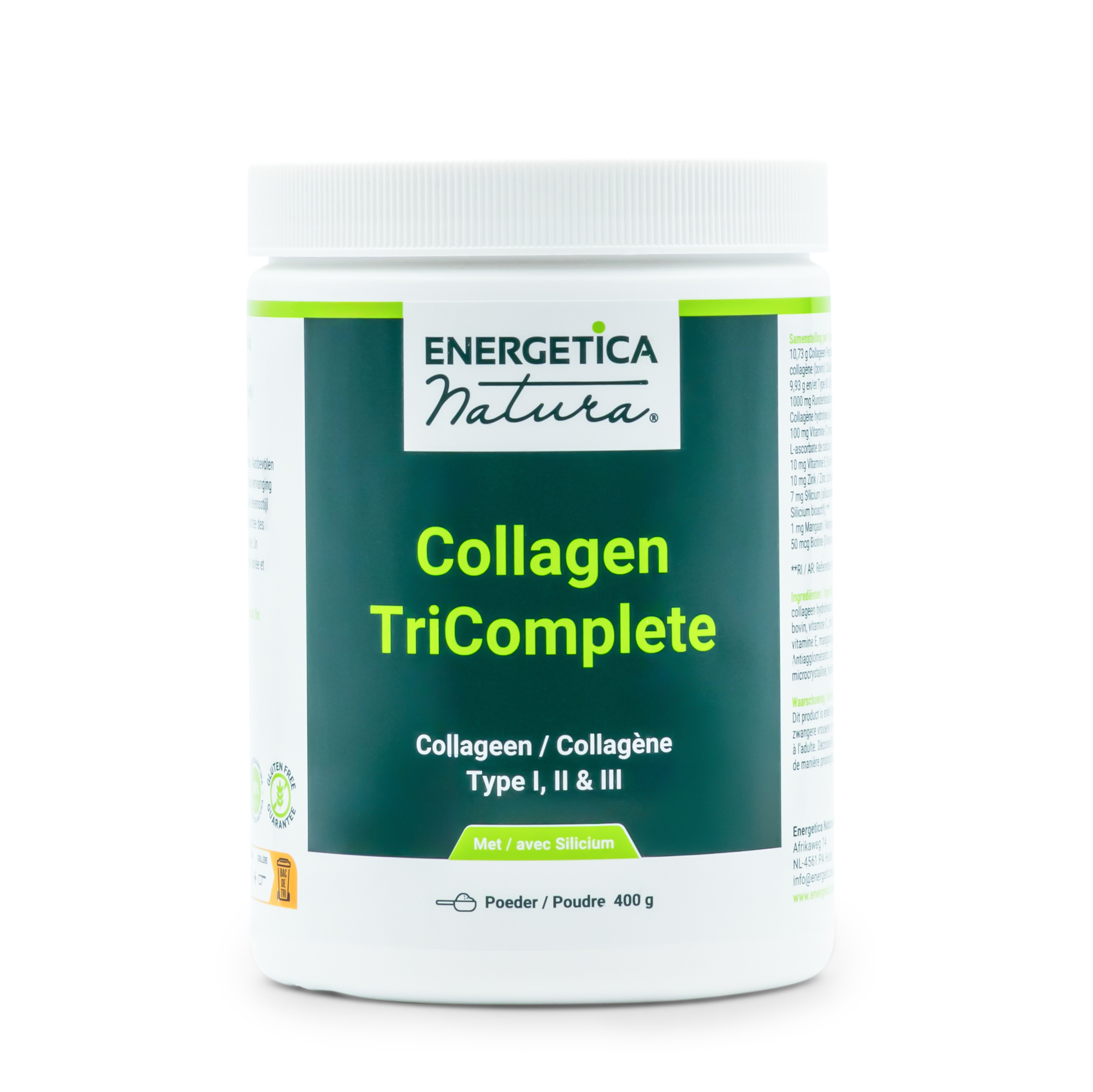 •	Collagen TriComplete Energetica Natura collageen poeder 400g 
•	collageen poeder type I II III Energetica Natura verpakking 
•	Energetica Natura Collagen TriComplete scoop poeder pot 
•	collageen supplement met vitaminen mineralen poeder 400g 