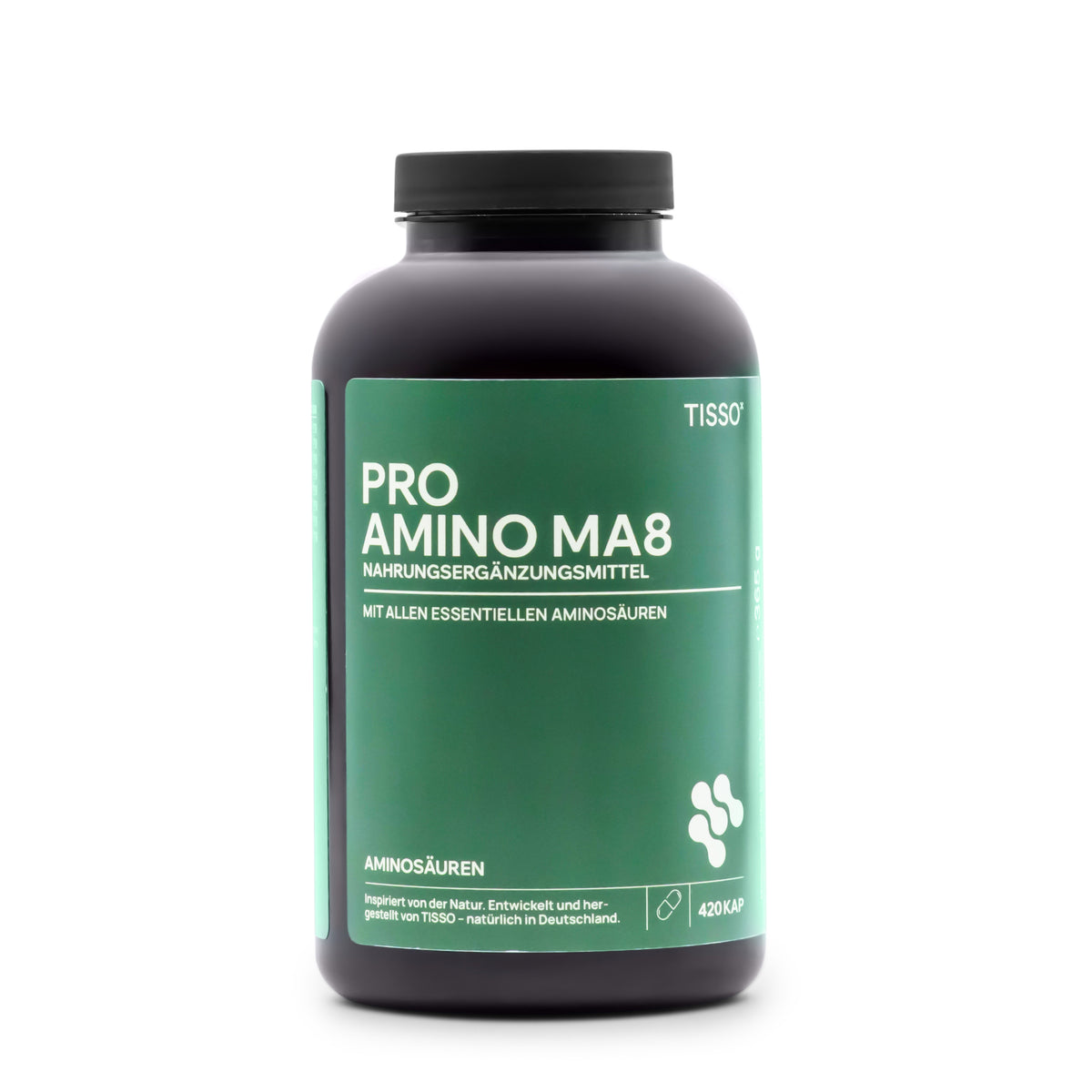 • Pro Amino MA8 Tisso capsules pot 420 stuks
• essentiële aminozuren supplement Tisso vegan capsules
• EAA aminozuurcomplex vrije vorm capsules verpakking
• Tisso Pro Amino MA8 aminozuren supplement pot