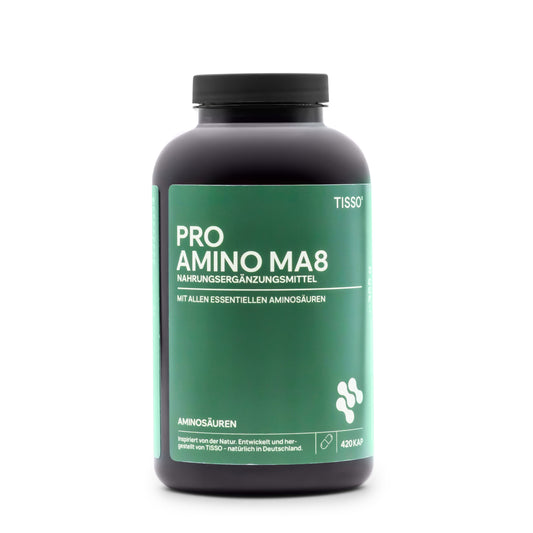 • Pro Amino MA8 Tisso capsules pot 420 stuks
• essentiële aminozuren supplement Tisso vegan capsules
• EAA aminozuurcomplex vrije vorm capsules verpakking
• Tisso Pro Amino MA8 aminozuren supplement pot