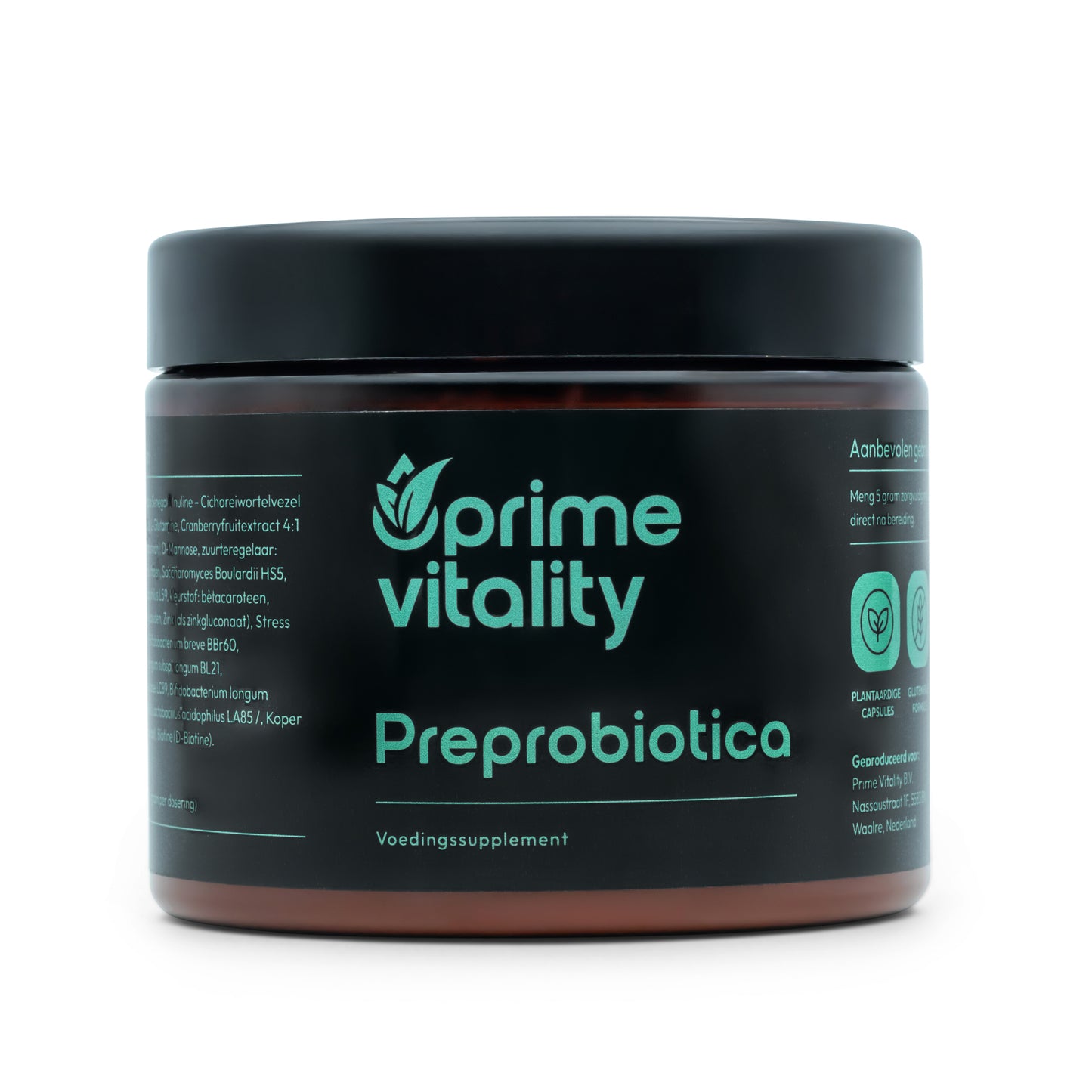 • Preprobiotica poeder Prime Vitality verpakking supplement
• pre en probiotica poeder met acaciavezels en inuline
• Prime Vitality preprobiotica supplement met bacterieculturen
• probioticamix poeder met vezels en cranberry-extract