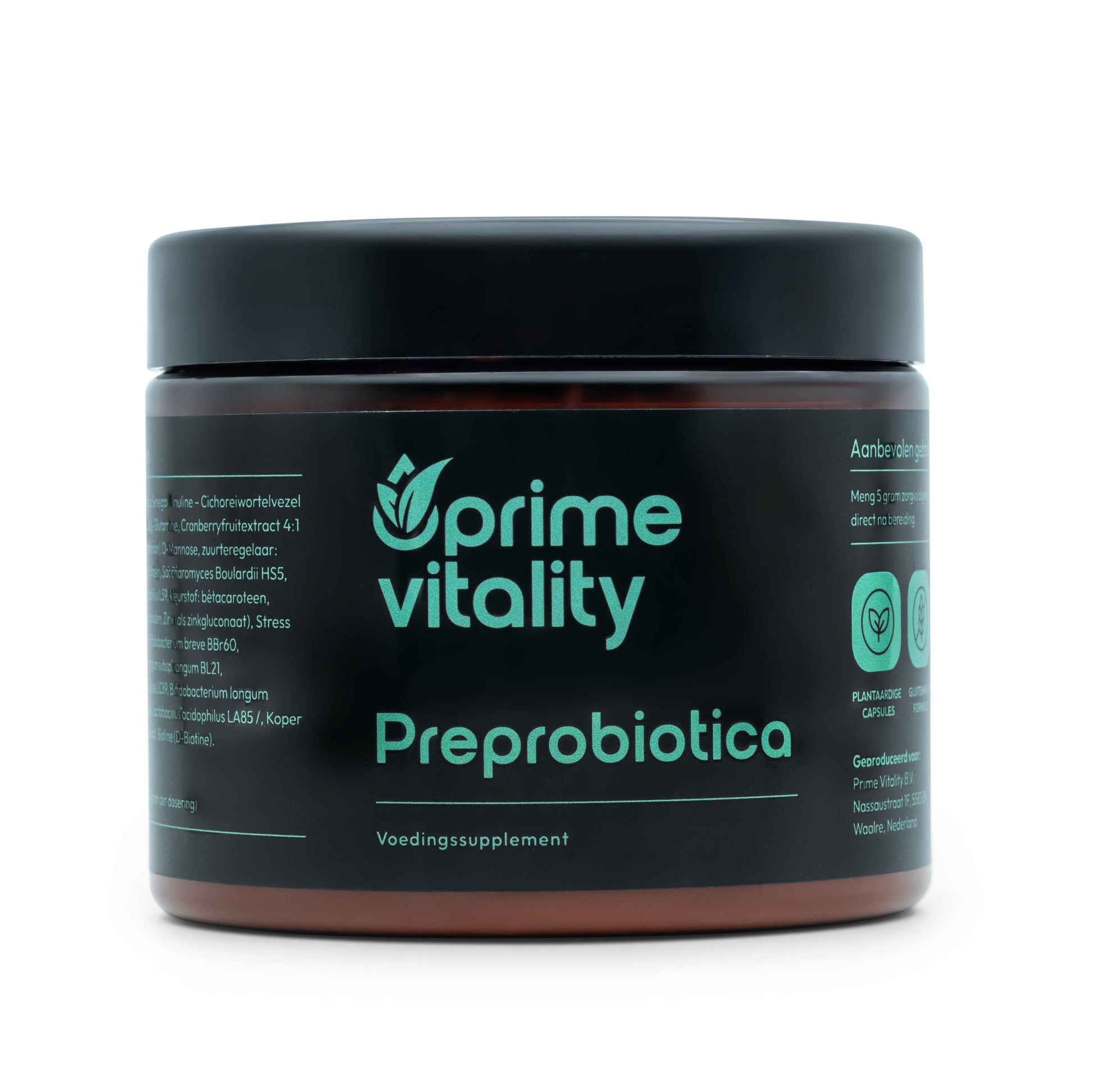 • Preprobiotica poeder Prime Vitality verpakking supplement
• pre en probiotica poeder met acaciavezels en inuline
• Prime Vitality preprobiotica supplement met bacterieculturen
• probioticamix poeder met vezels en cranberry-extract