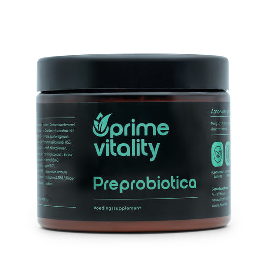 • Preprobiotica poeder Prime Vitality verpakking supplement
• pre en probiotica poeder met acaciavezels en inuline
• Prime Vitality preprobiotica supplement met bacterieculturen
• probioticamix poeder met vezels en cranberry-extract